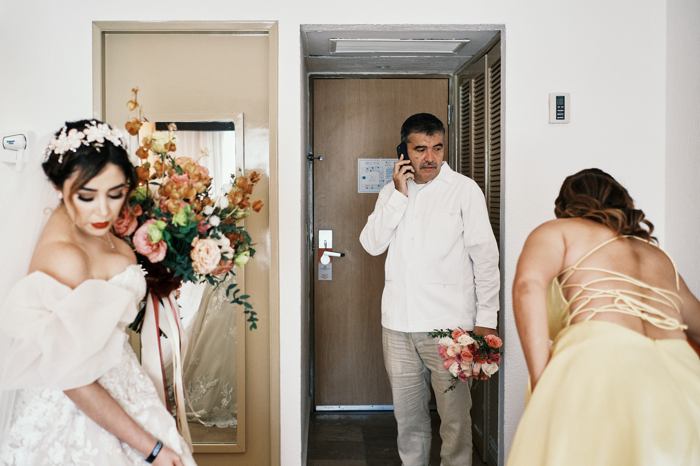 Bride And Her Parents Prepare To Leave Hotel The Morning Of Destination Wedding In Puerto Vallarta